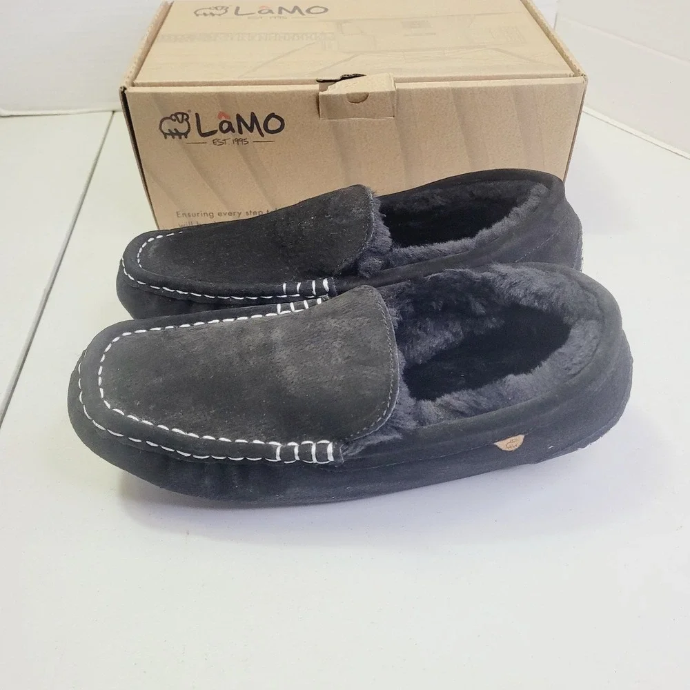 Lamo Men's Moccasin Slippers Size 11 Black Suede Faux Fur Lined House Shoes